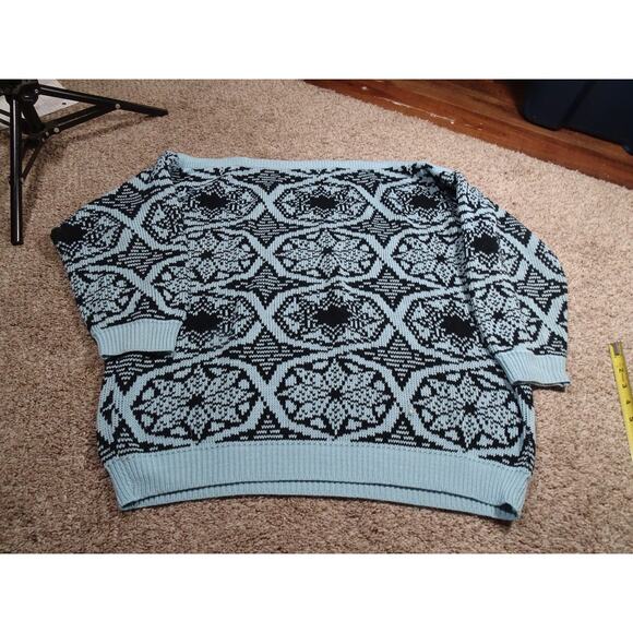Vtg 80s/90s Sliltra Oversized Black & Teal Geometric Knit Boat Neck Sweater Med - Picture 9 of 10